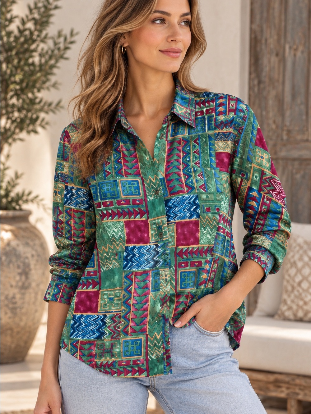 Vintage Paul Harris Design 100% Silk Geometric Print Button Up Shirt M 90s